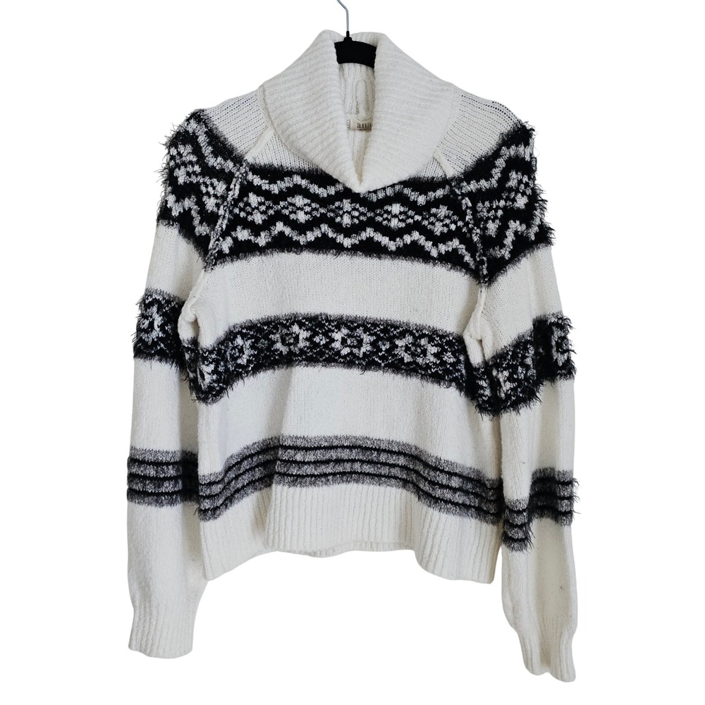 ANA New Approach Womens Small Black White Fair Isle Knit Sweater Cowl‎ Collar